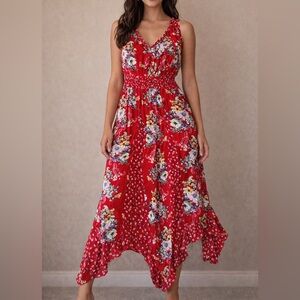 Billabong Red Floral Boho Maxi Dress Handkerchief Hem Smocked Waist Size M